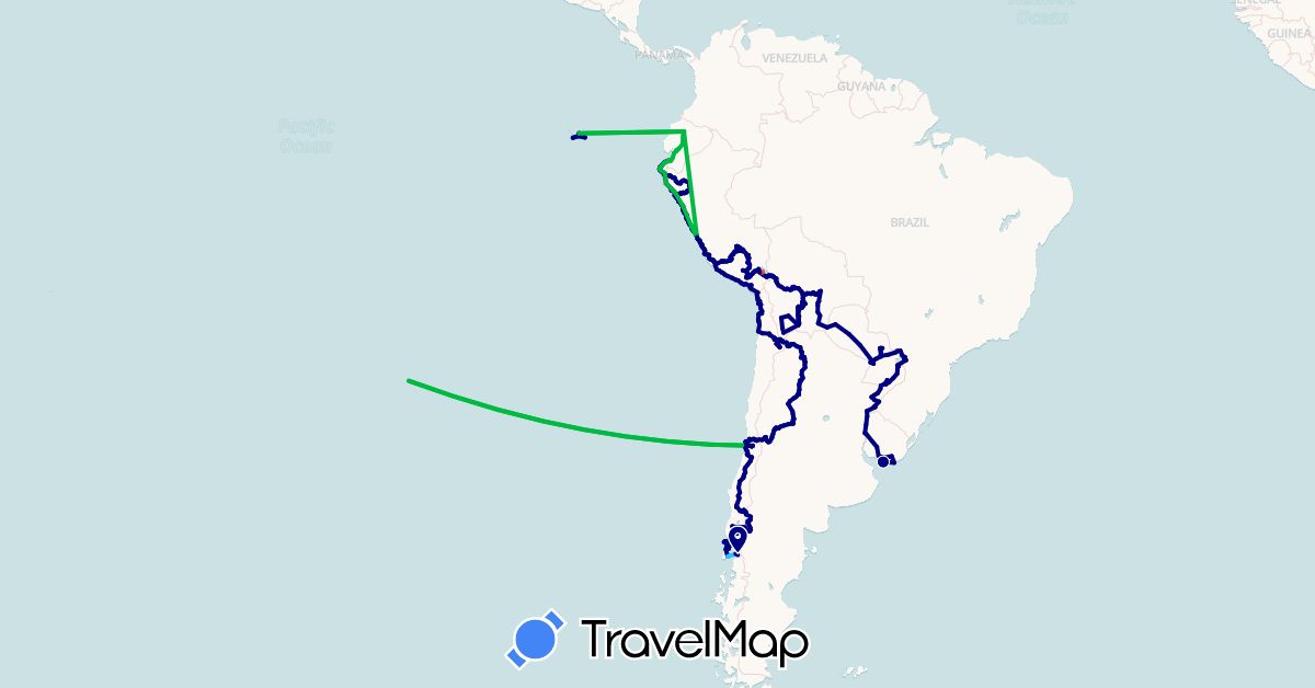 TravelMap itinerary: driving, bus, hiking, boat in Argentina, Bolivia, Brazil, Chile, Ecuador, Peru, Paraguay, Uruguay (South America)